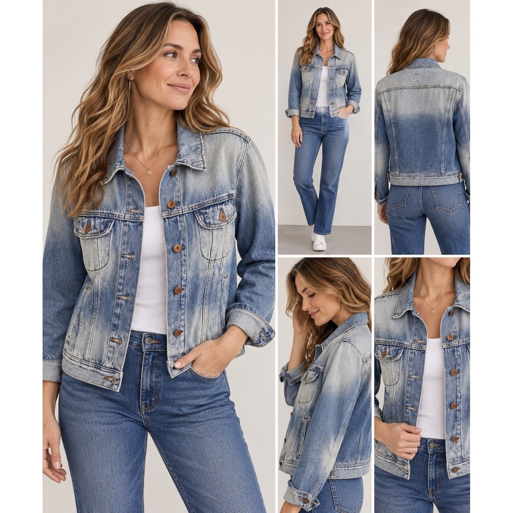 NSF Womens Blue Ombre Distressed Denim Trucker Jacket Made in USA Small Faded